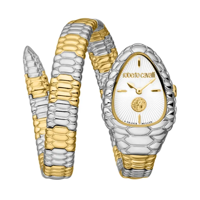 Rings Roberto Cavalli Womens Serpent Head Silver Dial TwoTone Silver And Gold Watch Roberto Cavalli