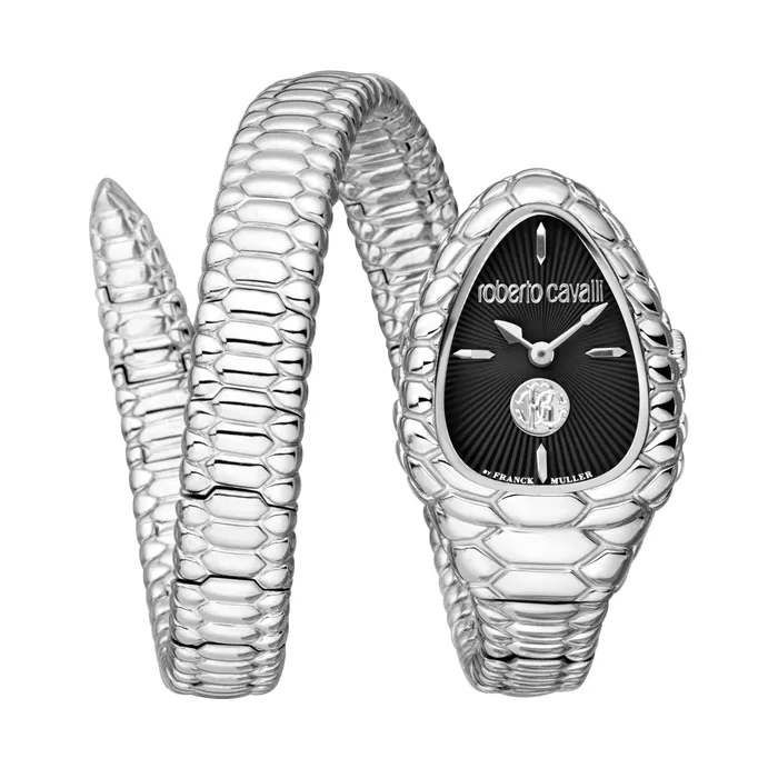 Roberto Cavalli Ladies Watch Serpent Head Silver Case Black Dial Stainless Steel Bracelet Roberto Cavalli Bracelets