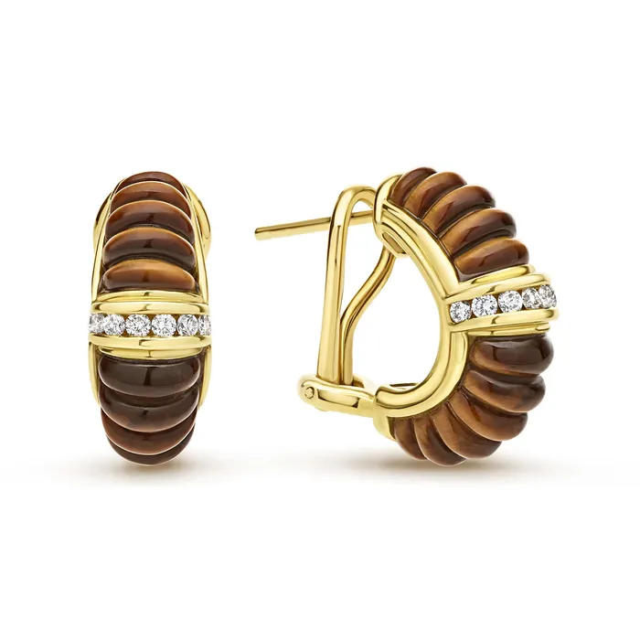 Studio 18K Gold Fluted Tigers Eye Diamond Earrings LAGOS Earrings