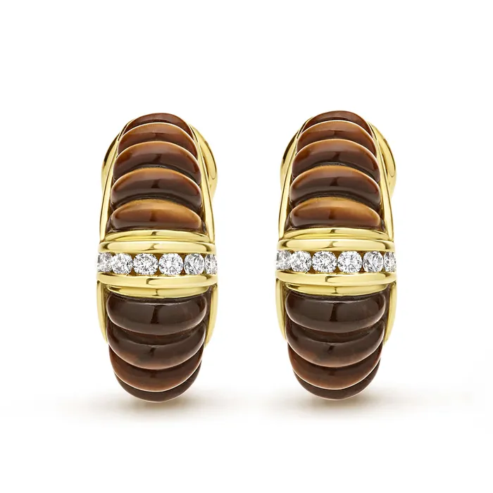 Studio 18K Gold Fluted Tigers Eye Diamond Earrings LAGOS Earrings