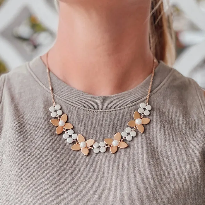 Two Tone Pearl Flower Statement Necklace Prep Obsesed JJ Necklaces