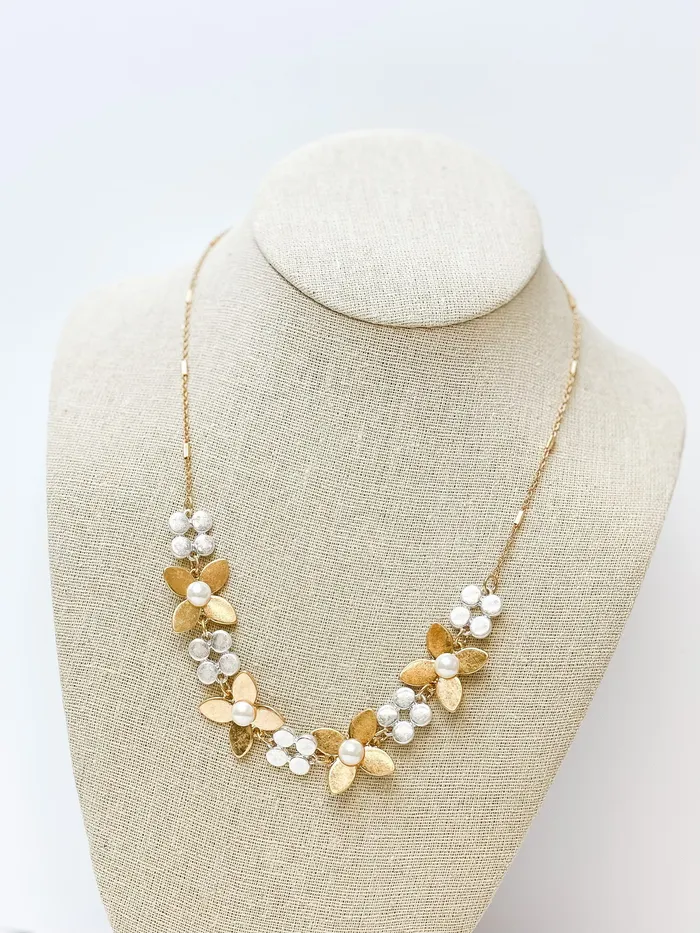 Two Tone Pearl Flower Statement Necklace Prep Obsesed JJ Necklaces