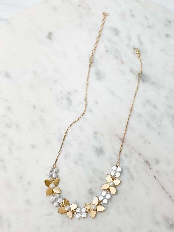 Two Tone Pearl Flower Statement Necklace Prep Obsesed JJ Necklaces