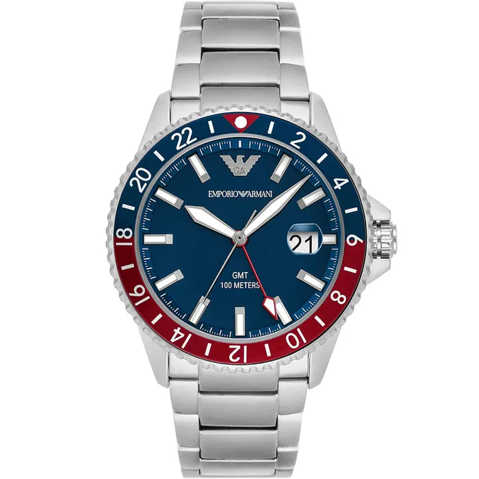 Watches Emporio Armani Emporio Armani World Explorer Diver GMT Gents Blue Dial Stainless Steel Watch