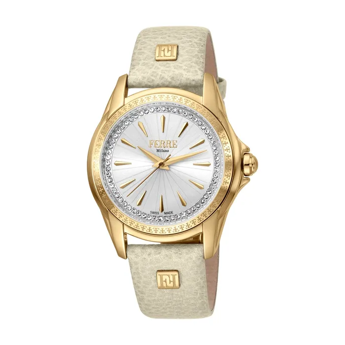 Watches Ferre Milano Ladies Watch Golden Color Case Beige Leather Strap With Stone Ferre Milano