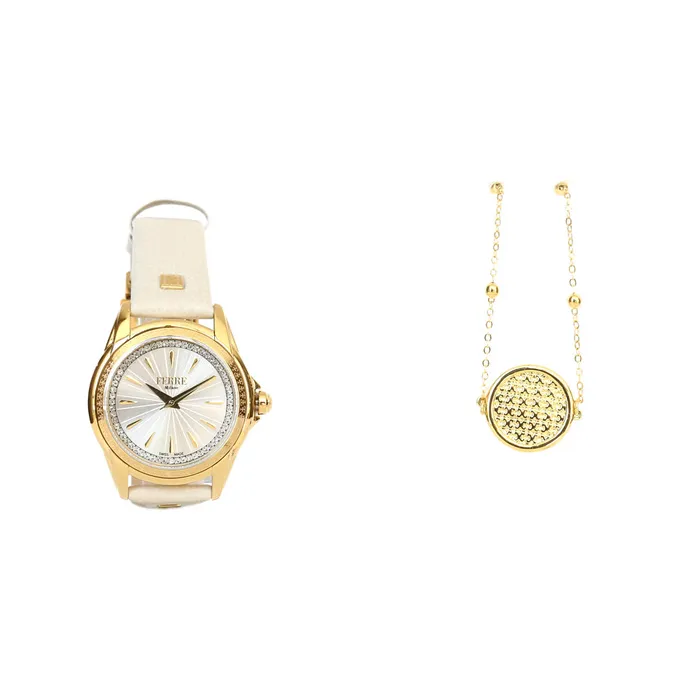 Watches Ferre Milano Ladies Watch Golden Color Case Beige Leather Strap With Stone Ferre Milano
