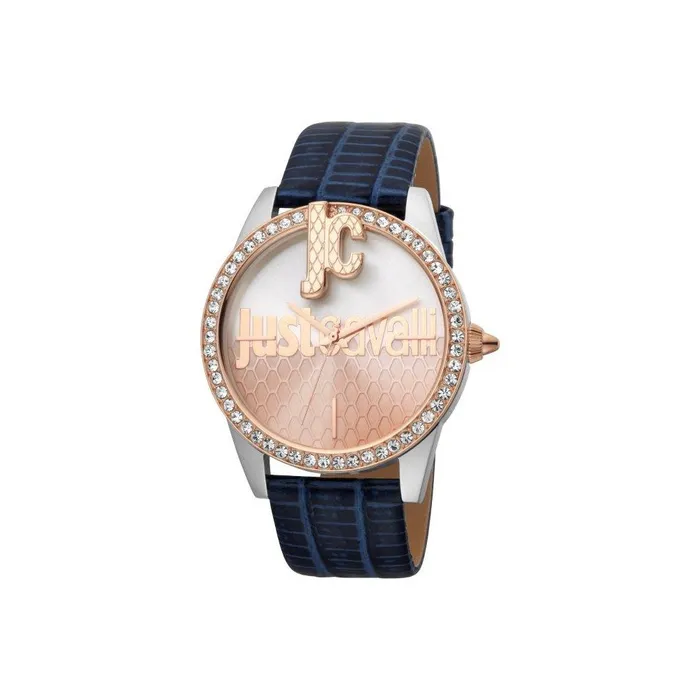 Watches Just Cavalli Just Cavalli Ladies Watch SilverRose Gold Color Case With Blue Leather Strap