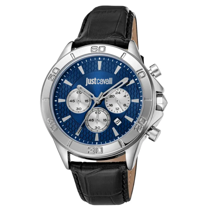 Watches Just Cavalli Just Cavalli Young Gents Blue Dial Stainless Steel Silver Case Black Leather Starp Watch