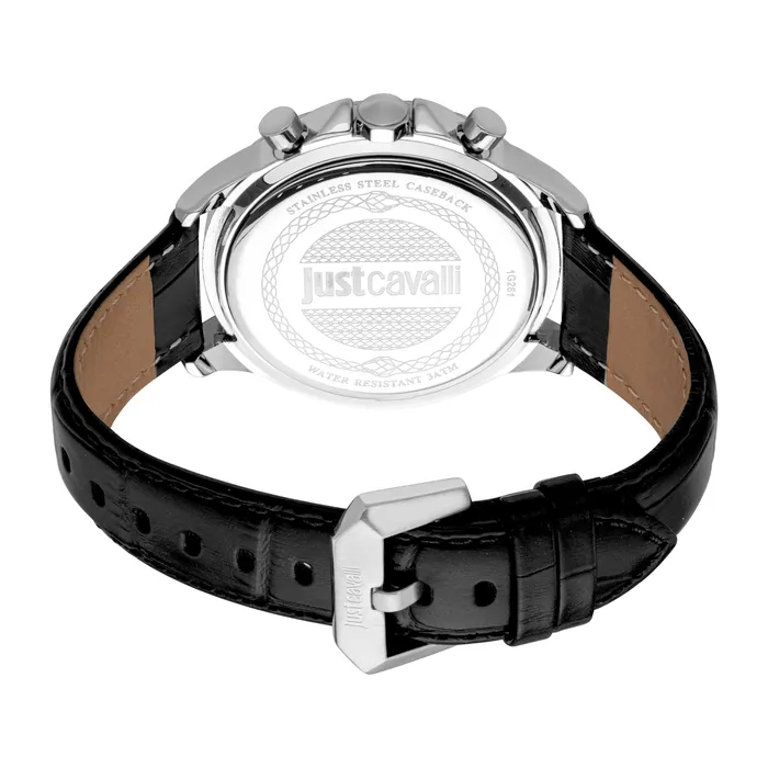 Watches Just Cavalli Just Cavalli Young Gents Blue Dial Stainless Steel Silver Case Black Leather Starp Watch